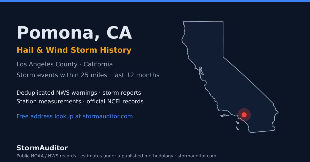 Pomona, CA hail and wind storm history — Los Angeles County on a California map card